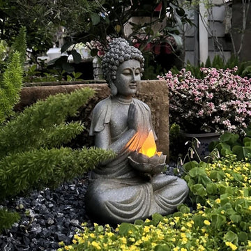 Solar Powered Buddha Lamp - 14.6″ Resin Garden Buddha Statue for Yard, Balcony